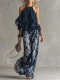 Navy Halter Neck Top And Printed Wide-leg Pants Chiffon Set