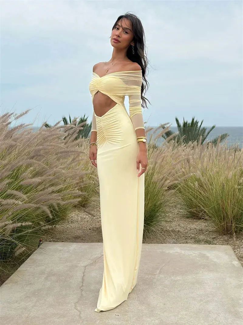 Avielle Off-Shoulder Mesh Bodycon Maxi Dress – Twist Front Ruched Cut-Out Gown for Weddings and Evening Occasions