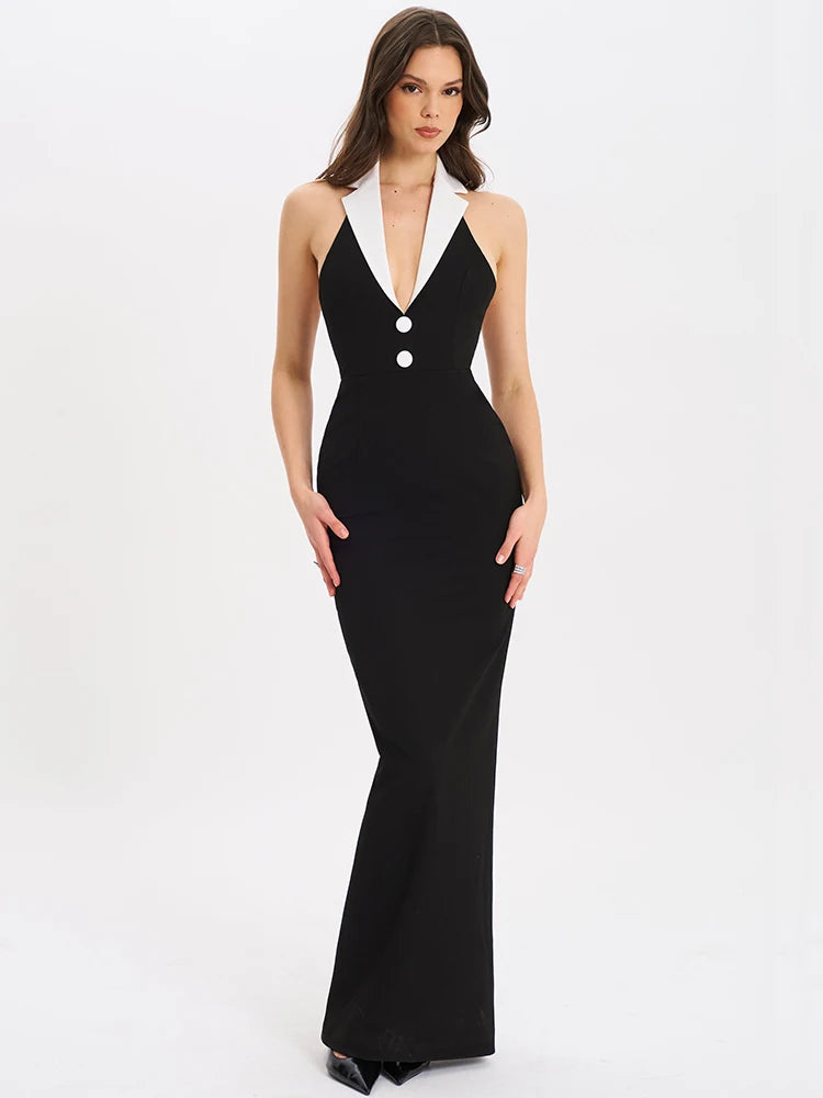 Vionette Halterneck Tuxedo Maxi Dress – Sleek Formal Gown with Tailored Fit and Contrast Collar