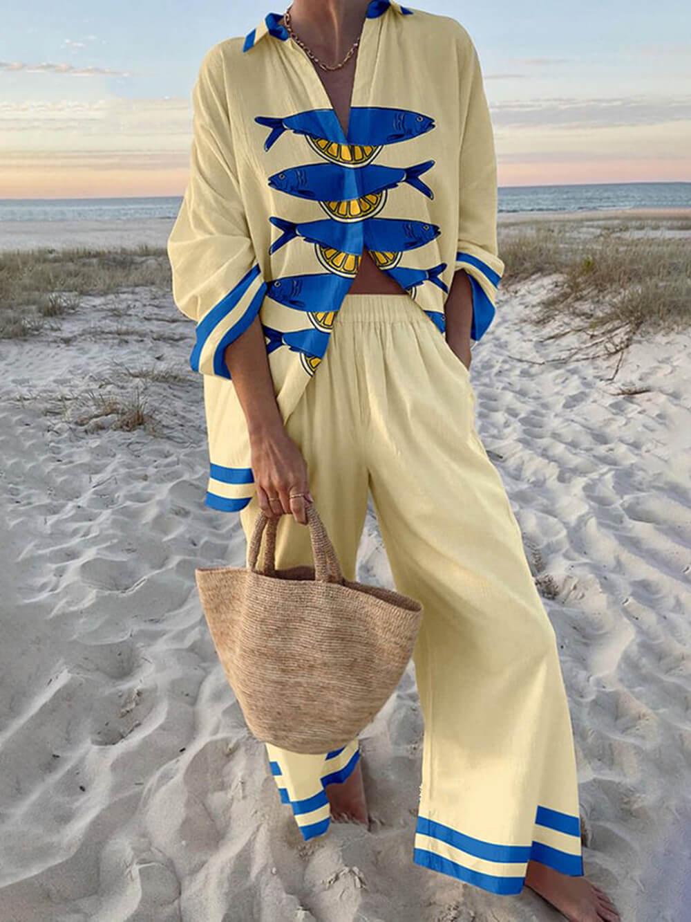 Ocean Print Oversized Shirt and Elastic Waist Pocket Pants Set