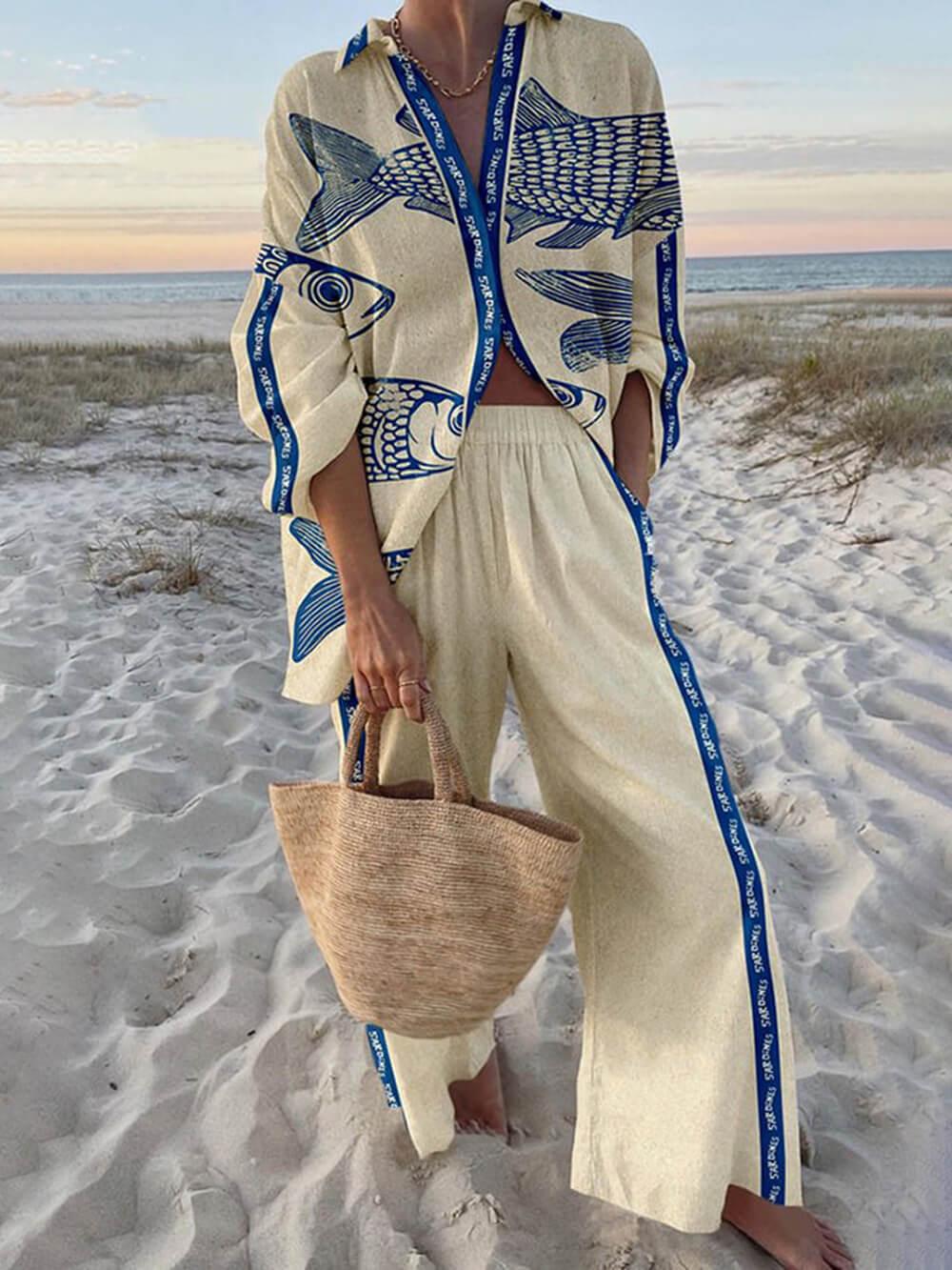 Ocean Print Oversized Shirt and Elastic Waist Pocket Pants Set