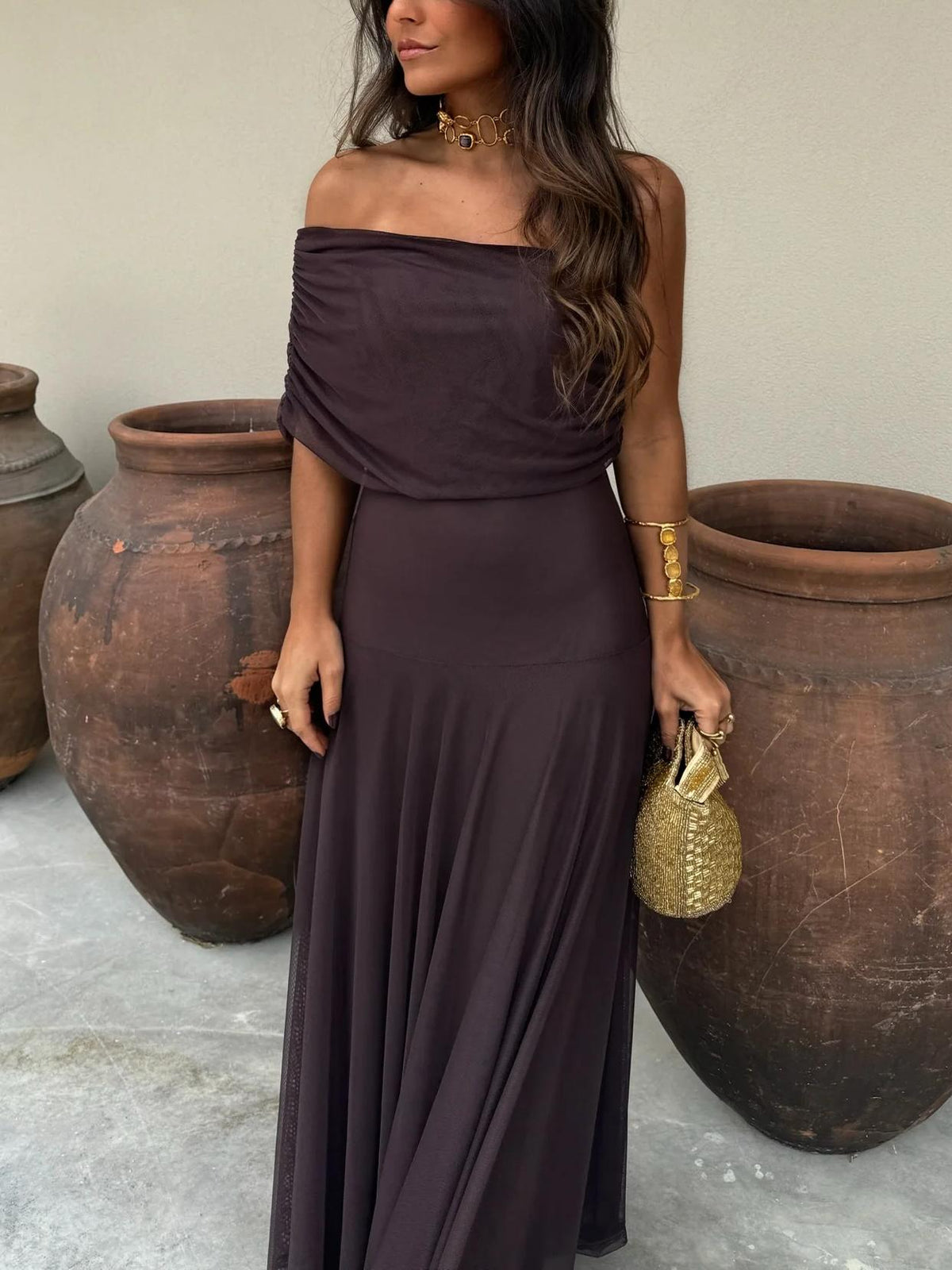 Brown One Shoulder Mesh Maxi Dress