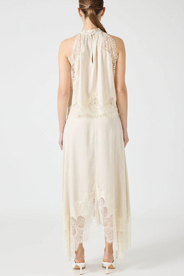 Lace Pleated Collar Top + Irregular Slit Skirt Set