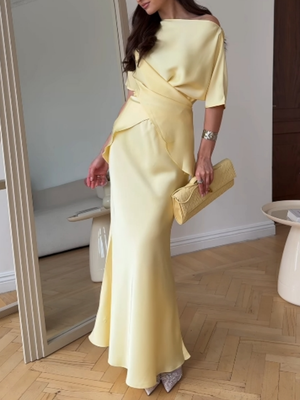 Off-shoulder tie top and skirt set