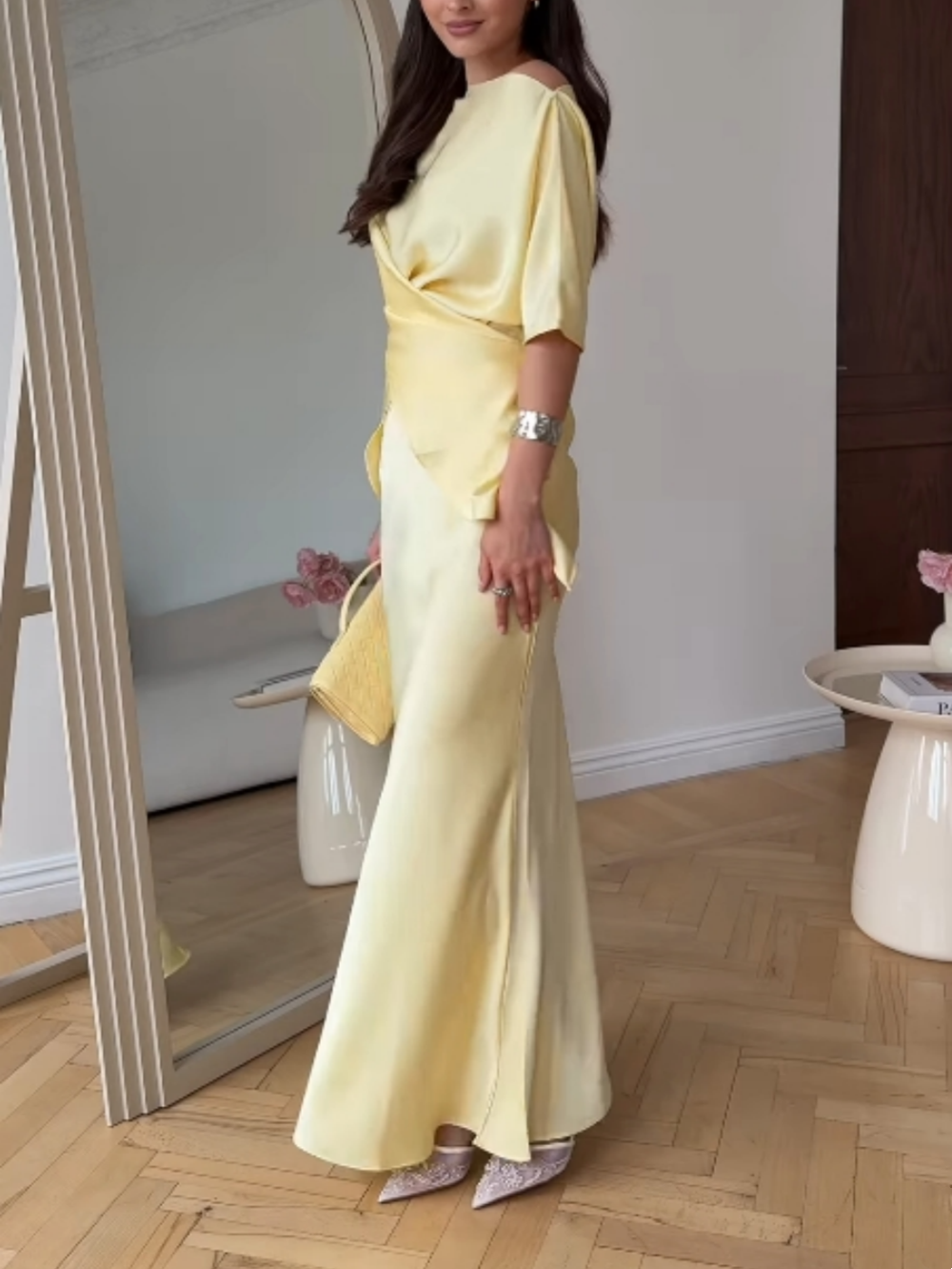 Off-shoulder tie top and skirt set