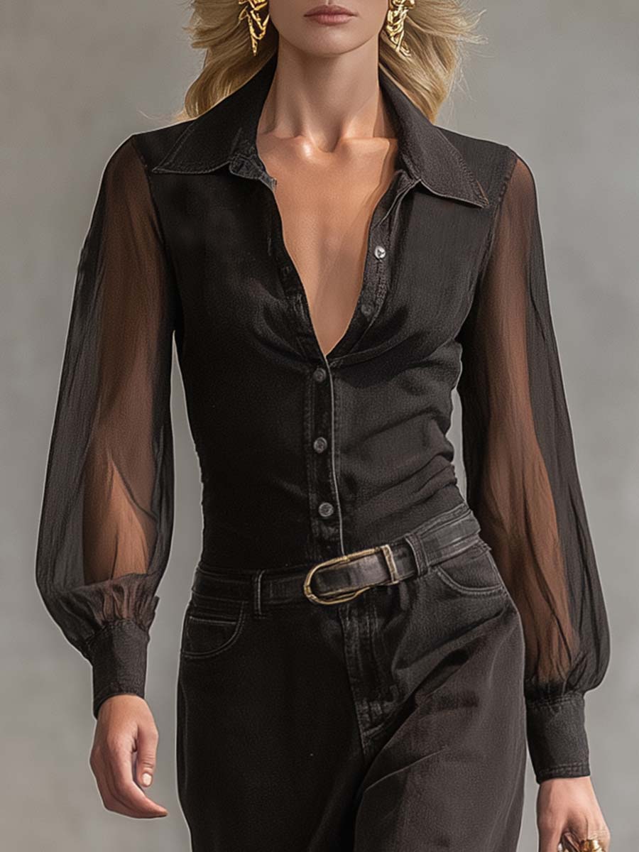 Vintage Western Front Button V-Neck Transparent Long Sleeve Black Denim Maxi Dress