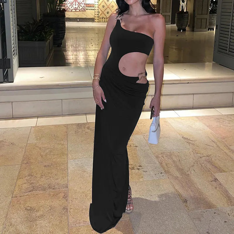 Nyrah Cut-Out Draped Maxi Dress with One Shoulder Strap – Black or Blue Sculpting Bodycon Party and Holiday Club Dress