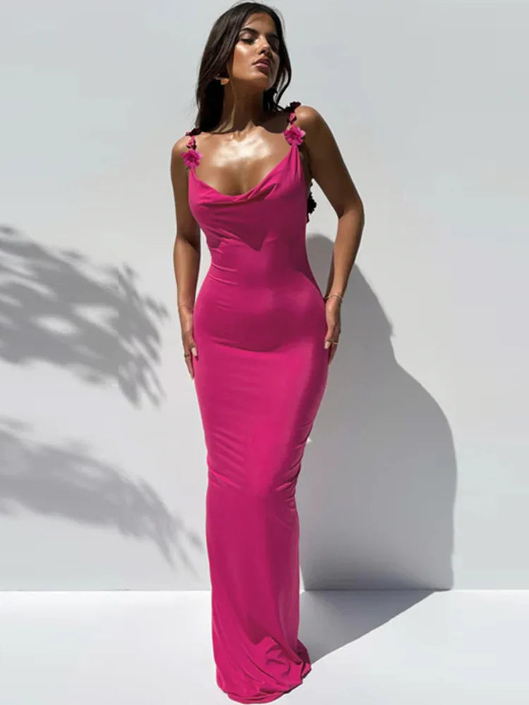 Zairena Floral Strap Fuchsia Bodycon Maxi Dress – Cowl Neck Backless Formal Gown for Weddings & Holidays