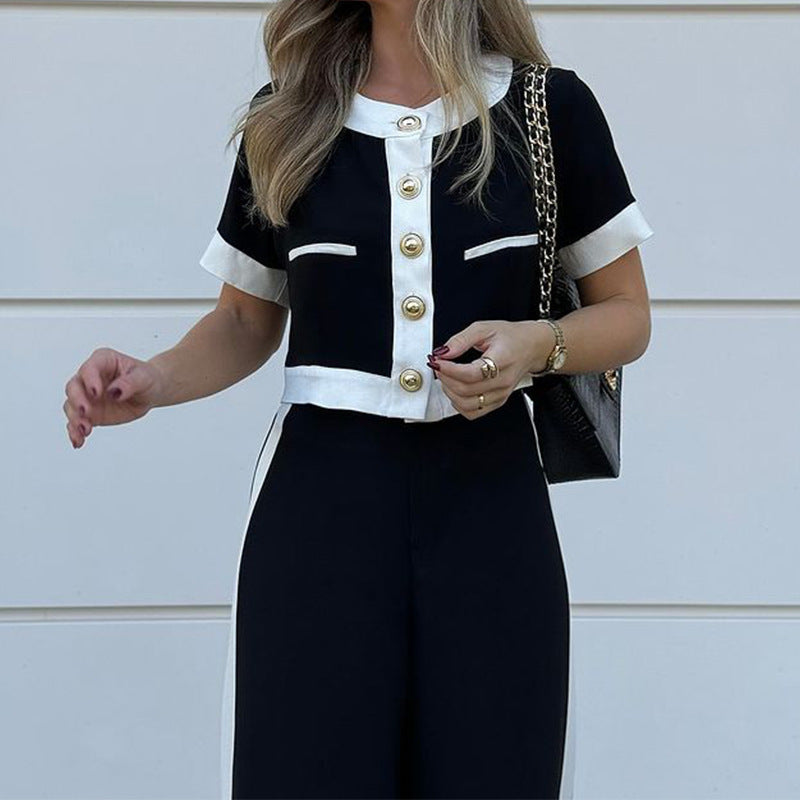 Stylish Casual Short Top & Straight-Leg Pants Two-Piece Set