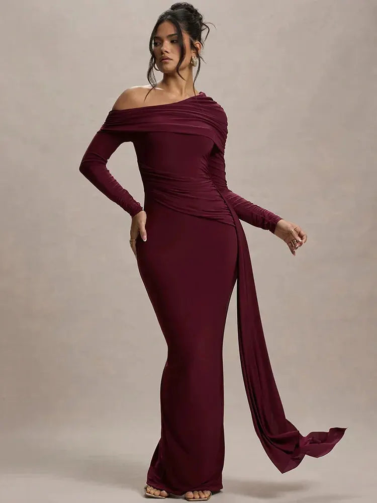 Aurelle Asymmetric Off-Shoulder Bodycon Maxi Dress – Ruched Summer Occasion Dress in Burgundy, Black or Green