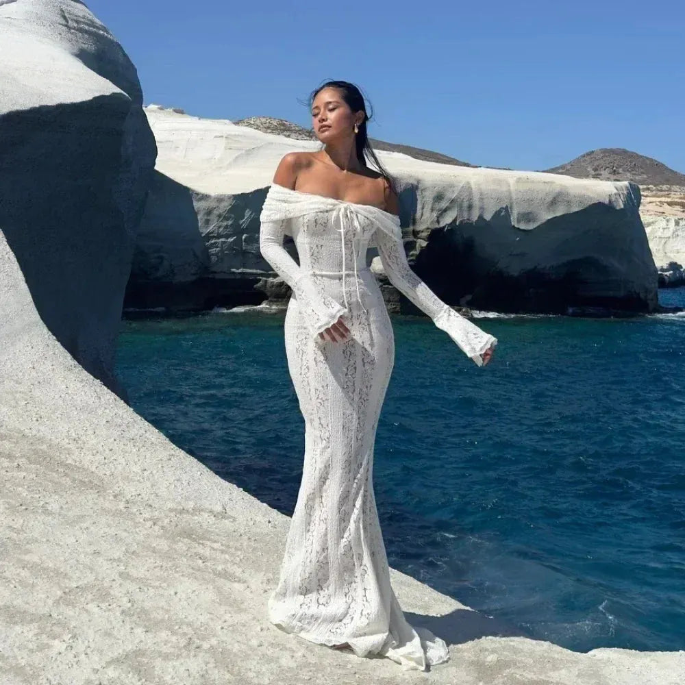 Sarisse Off Shoulder Lace Maxi Dress – Ivory or Black Summer Wedding Guest & Holiday Dress