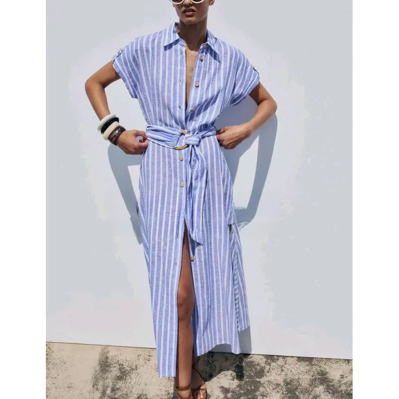 Alira Blue Stripe Shirt Dress – Button Front Midi Belted Summer Dress with Collar