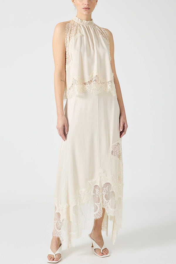 Lace Pleated Collar Top + Irregular Slit Skirt Set