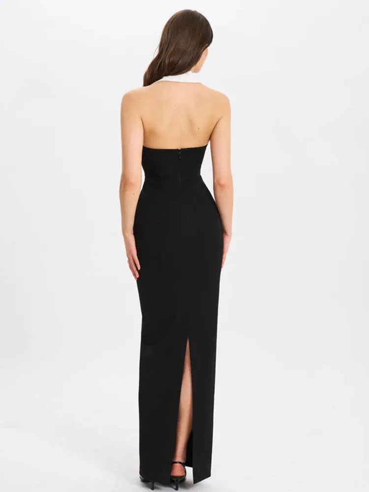 Vionette Halterneck Tuxedo Maxi Dress – Sleek Formal Gown with Tailored Fit and Contrast Collar