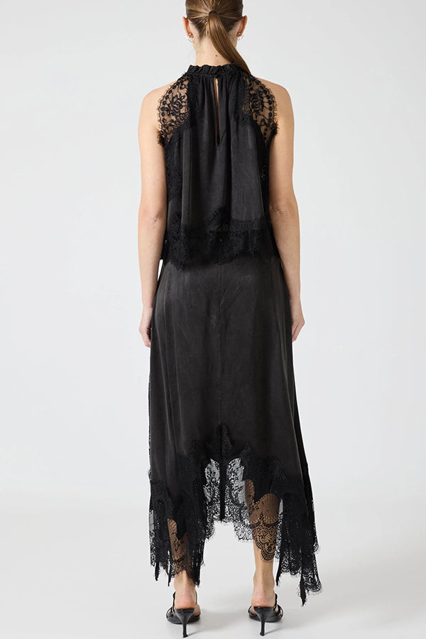 Lace Pleated Collar Top + Irregular Slit Skirt Set