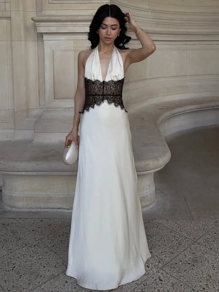 Alvara Halterneck Lace Panel Maxi Dress – Backless Sleeveless Occasion Gown