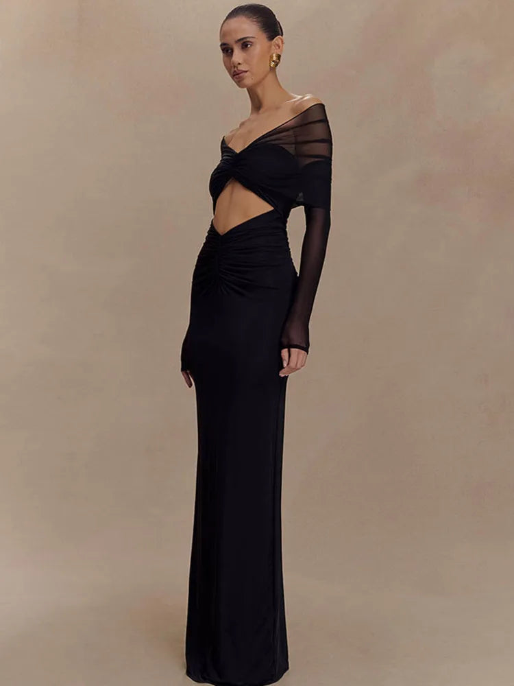 Avielle Off-Shoulder Mesh Bodycon Maxi Dress – Twist Front Ruched Cut-Out Gown for Weddings and Evening Occasions