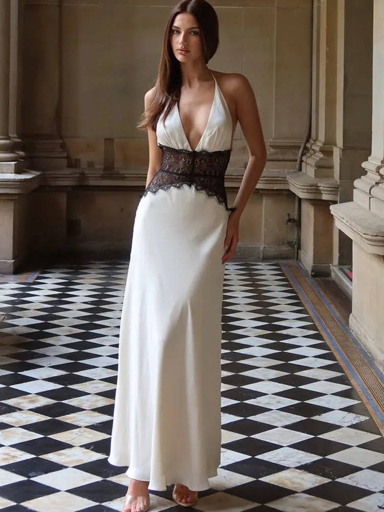 Alvara Halterneck Lace Panel Maxi Dress – Backless Sleeveless Occasion Gown
