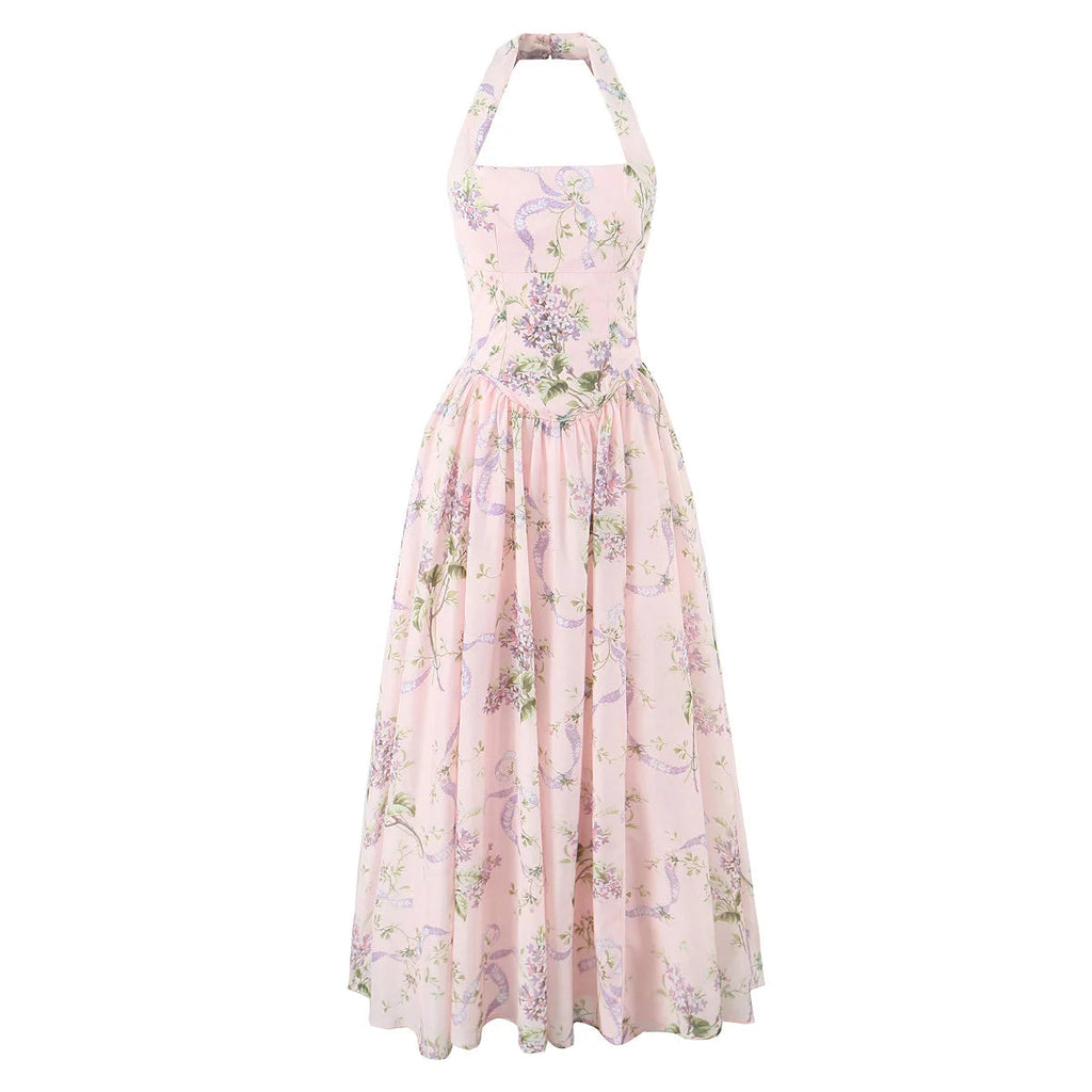 Liliora Halter Corset Midi Dress in Pink Lilac Ribbon Print – Summer Floral Occasion Dress with Side Split and Bow Back