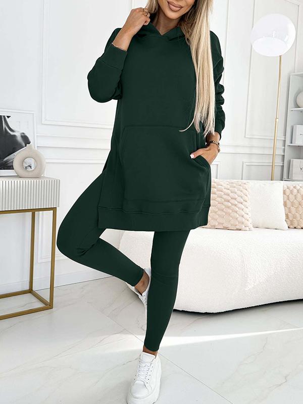 Fashion Solid Color Hoodie and Lined Leggings Two-piece Set