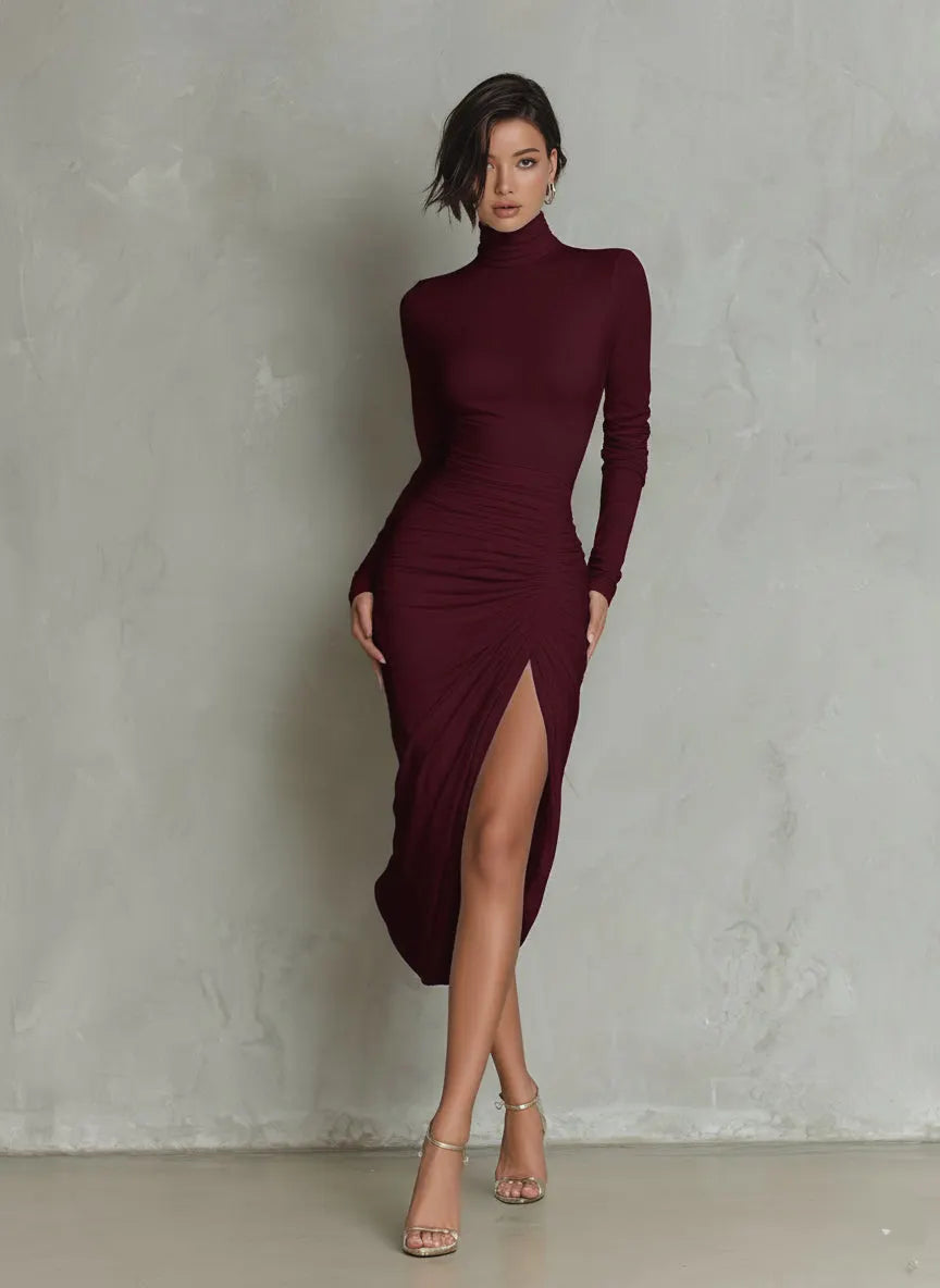 Women's Fashionable And Sexy White Slim-fitting Midi Dress With A High Neckline, Long Sleeves, And Ruched Waist And Hem MDA1270K0AN