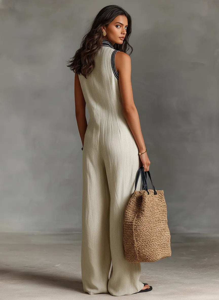 Women's Minimalist Linen Blend Sleeveless Jumpsuit With Zipper And Stand Collar, Featuring Embroidery MDZ0627B3Y