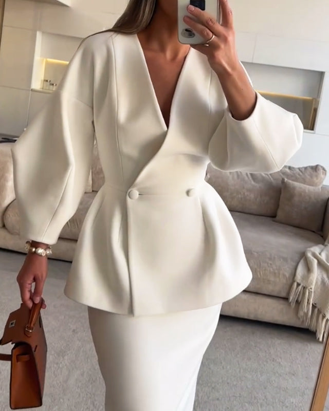Fashion Solid Color V-Neck Top & Skirt Two-Piece Set