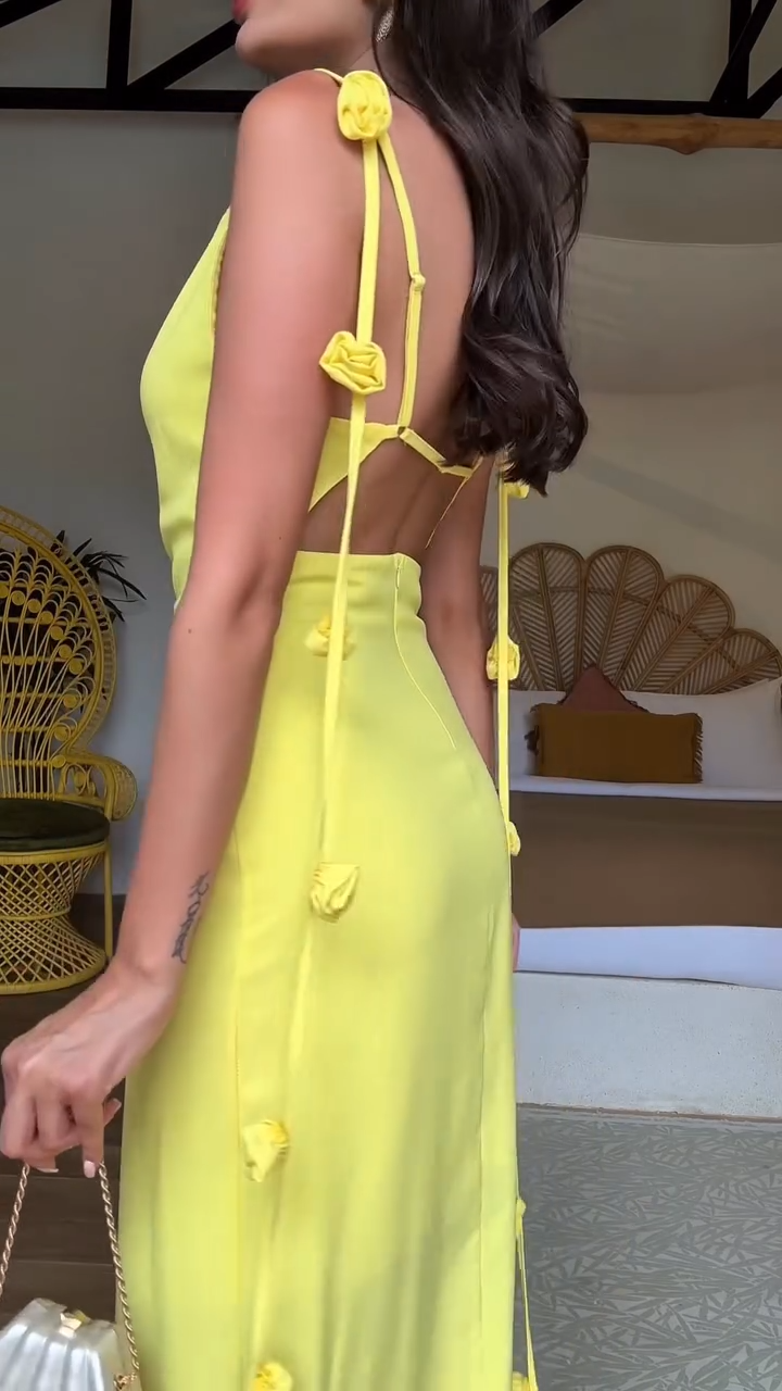 Backless Shoulder Flower Strap Halter Maxi  Dress