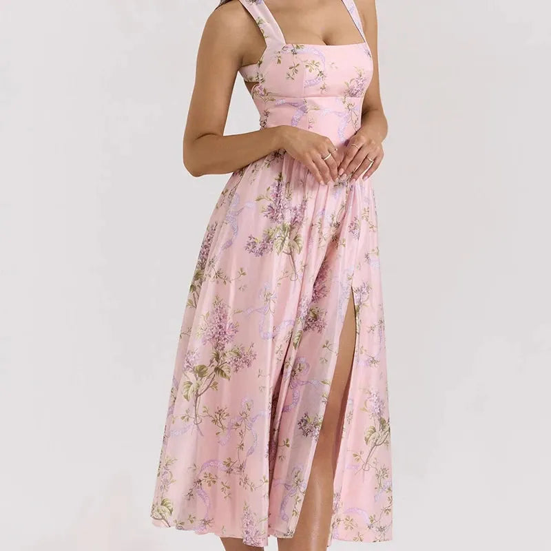 Liliora Halter Corset Midi Dress in Pink Lilac Ribbon Print – Summer Floral Occasion Dress with Side Split and Bow Back