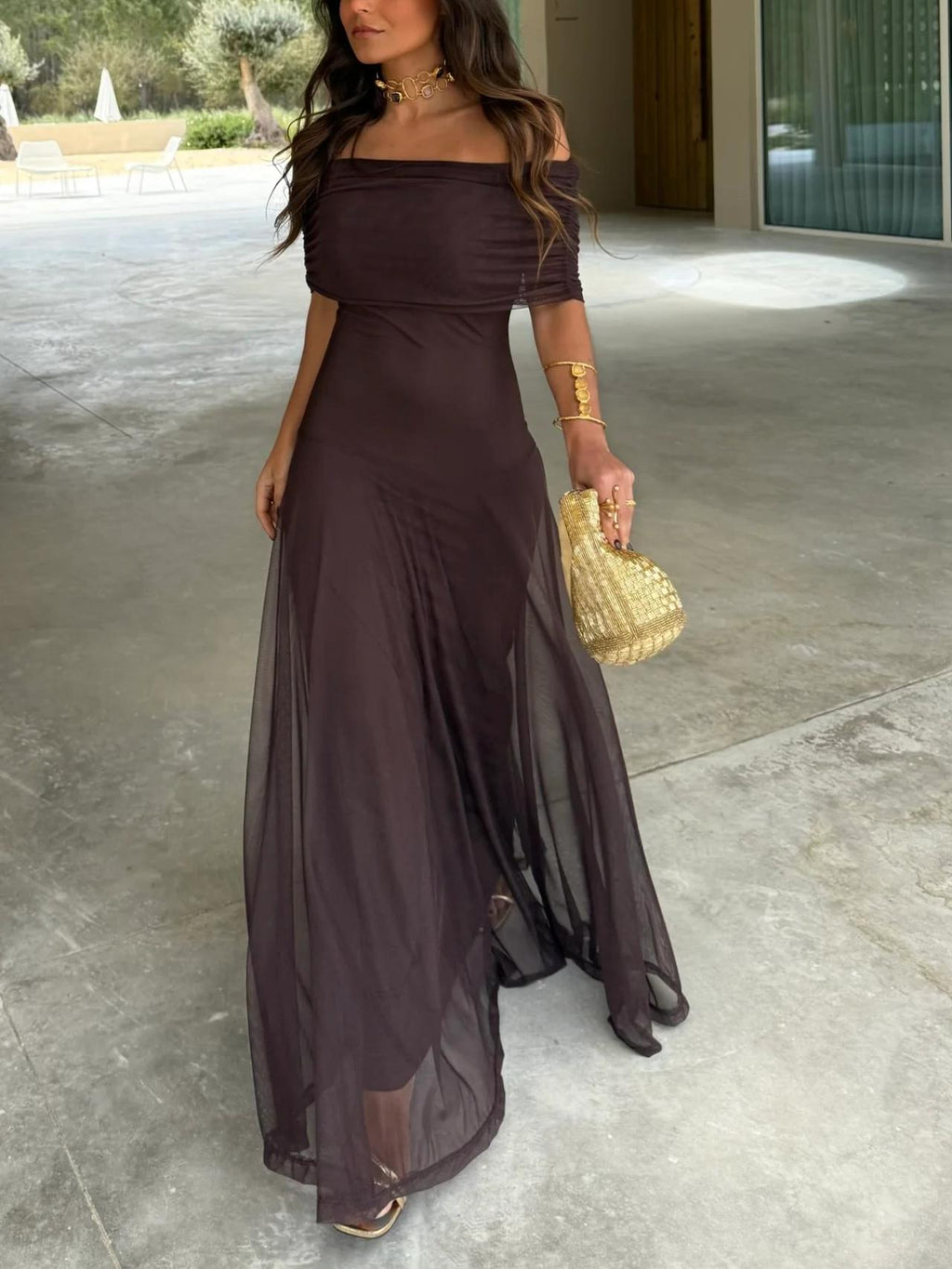 Brown One Shoulder Mesh Maxi Dress