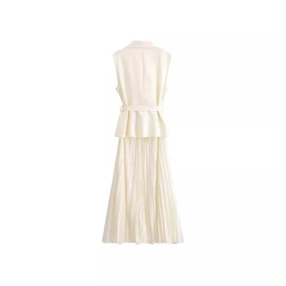 Nerina Double-Breasted 2 Piece Pleated Midi Dress – Sleeveless Blazer Top & Skirt Set in Black, Cream or Beige