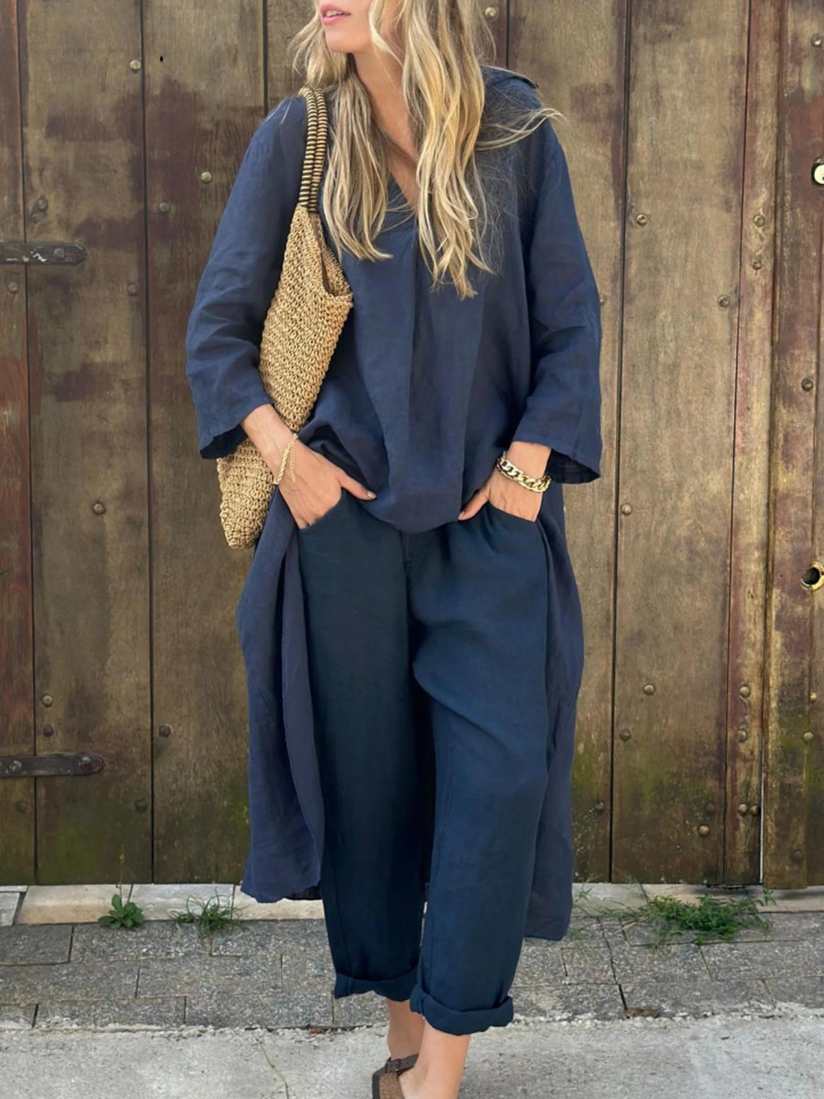 Linen Irregular Loose V-neck Top and High-Waisted Pocket Wide-leg Pants Set