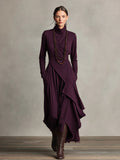 Women's Purple Bohemian Cotton Stretch Turtleneck Asymmetrical Draped Maxi Dress MDA2055J9I