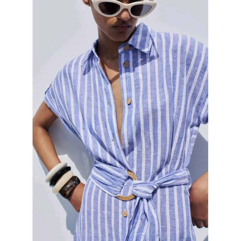 Alira Blue Stripe Shirt Dress – Button Front Midi Belted Summer Dress with Collar