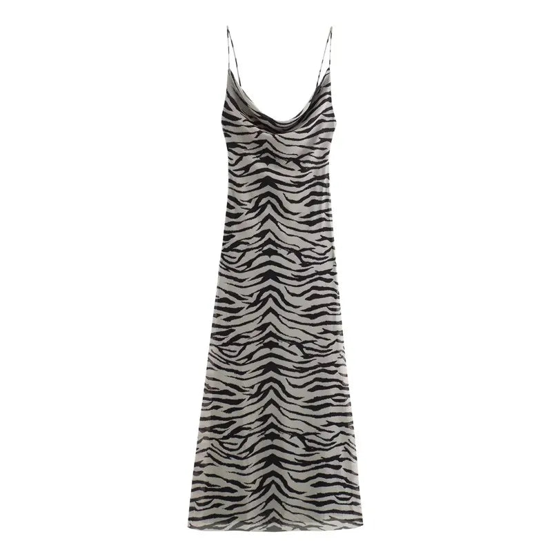 Liora Animal Print Cowl Neck Maxi Dress – Leopard or Zebra Slip Dress for Summer Evenings