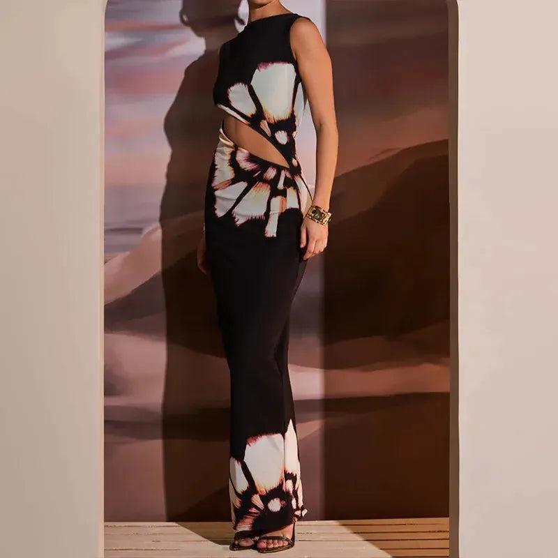Azariah Black Floral Cut-Out Maxi Dress – Elegant Sleeveless Summer Gown with Statement Print