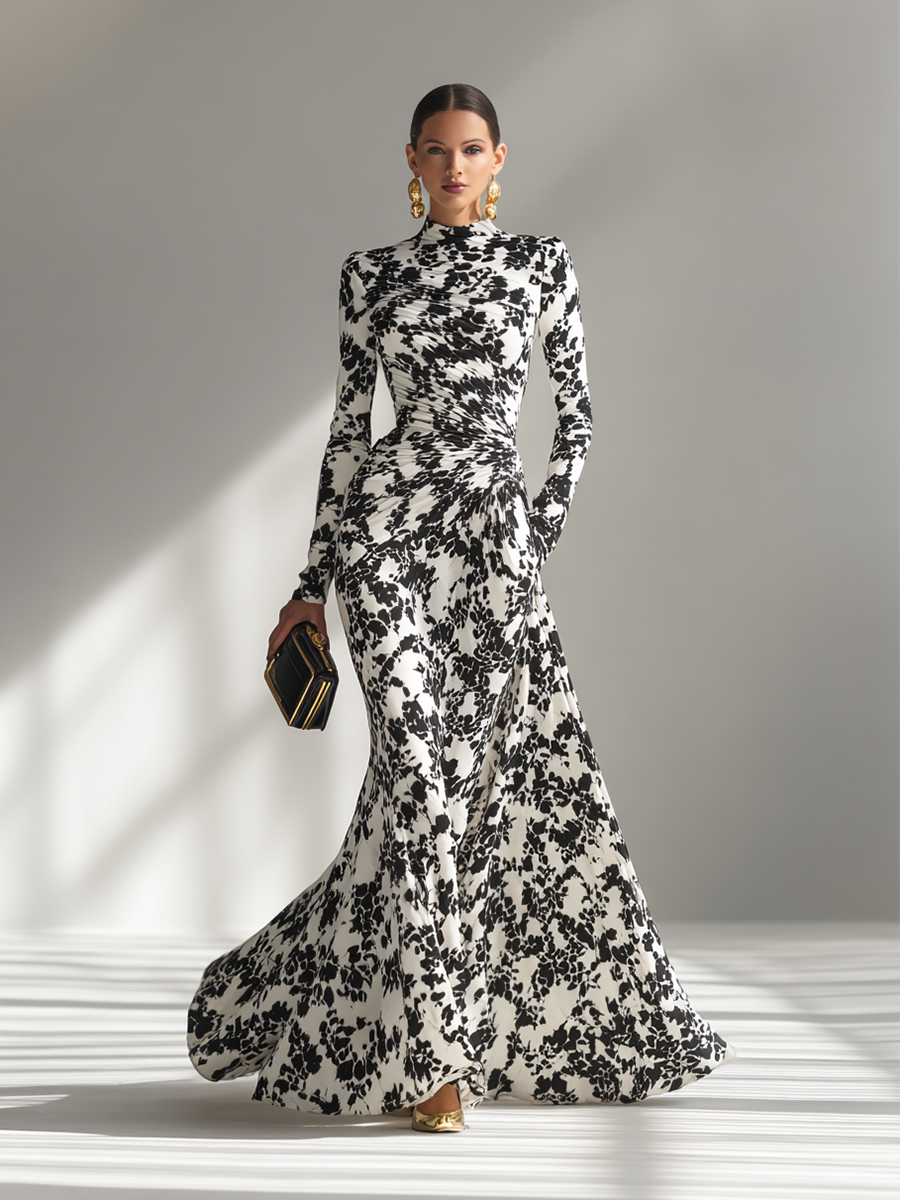 Women's Black And White Patterned Stretch Blend Wrap Dress MDA1295K1AP