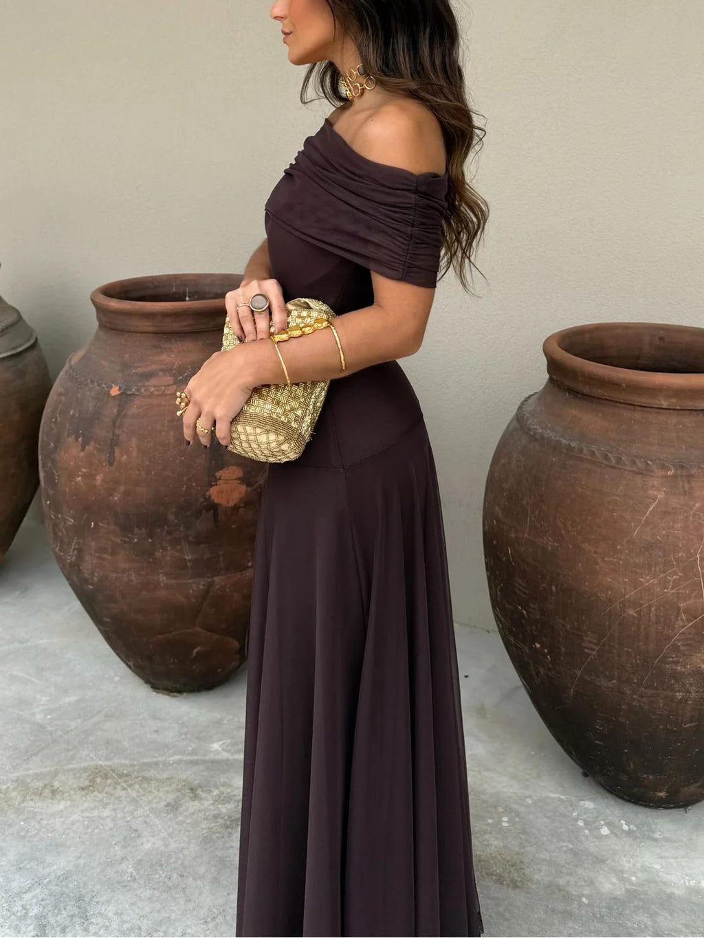 Brown One Shoulder Mesh Maxi Dress