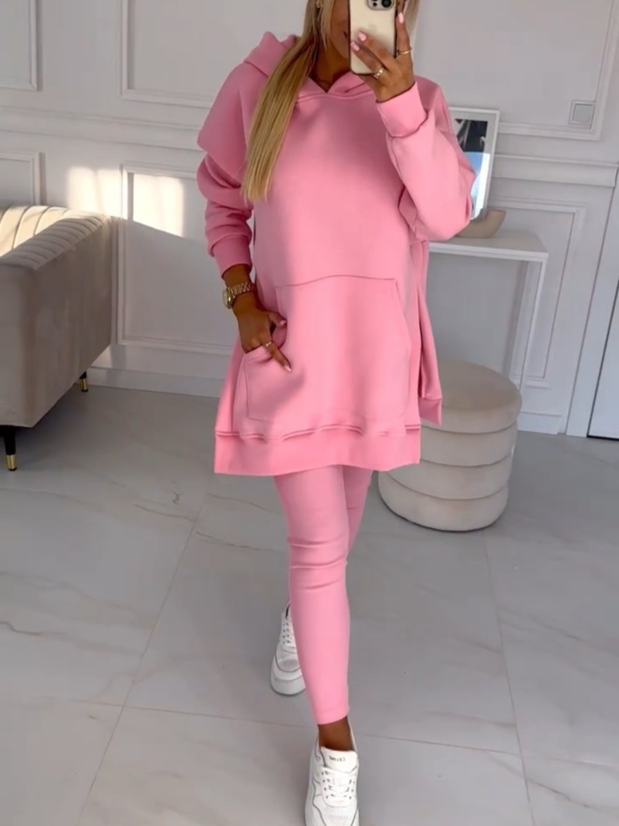 Fashion Solid Color Hoodie and Lined Leggings Two-piece Set