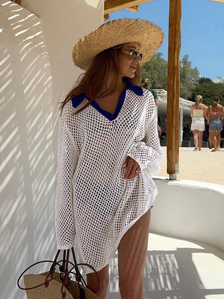Avina Crochet Beach Shirt Dress Cover-Up – Long Sleeve Summer Holiday Mesh Tunic