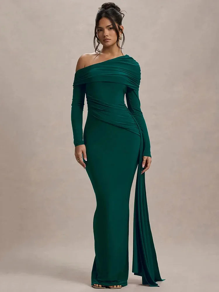 Aurelle Asymmetric Off-Shoulder Bodycon Maxi Dress – Ruched Summer Occasion Dress in Burgundy, Black or Green