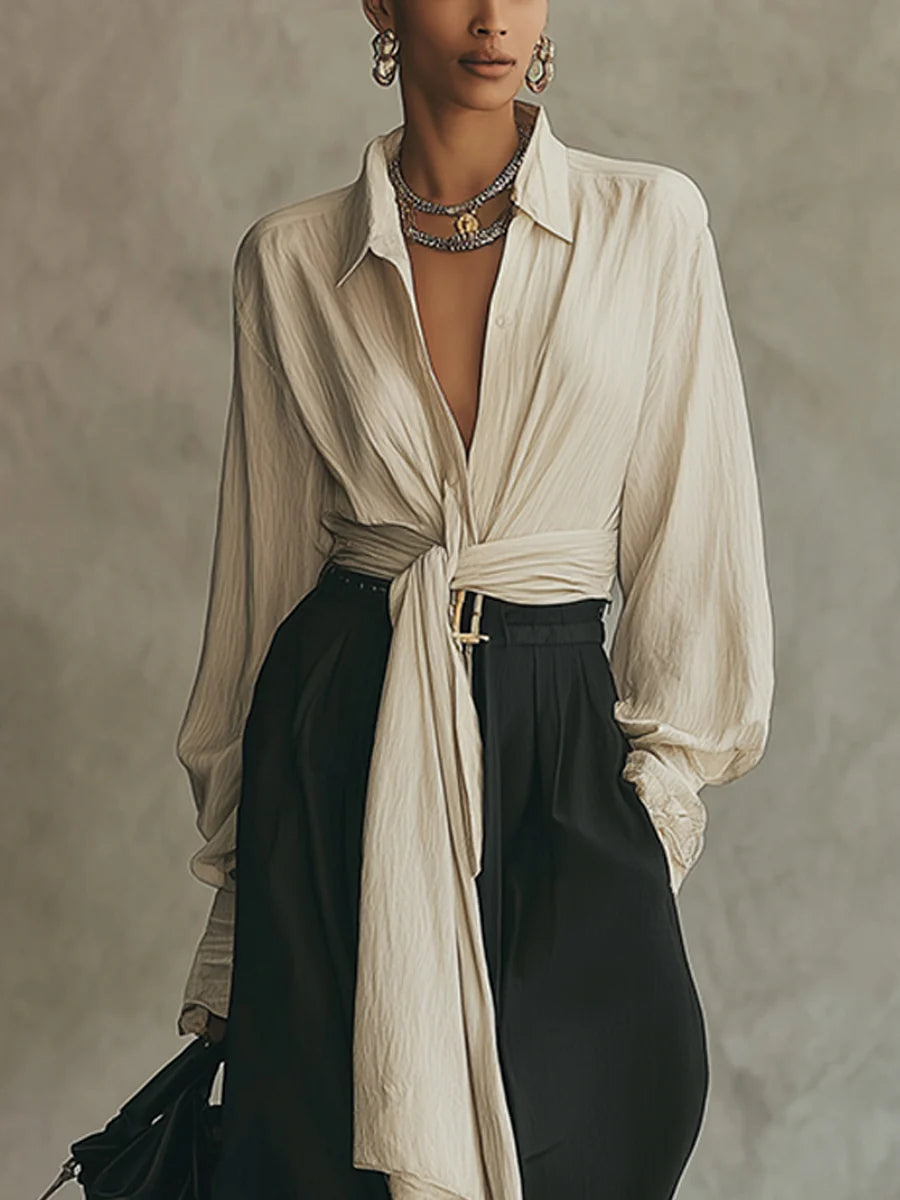 Beige lace-up shirt and black trousers set