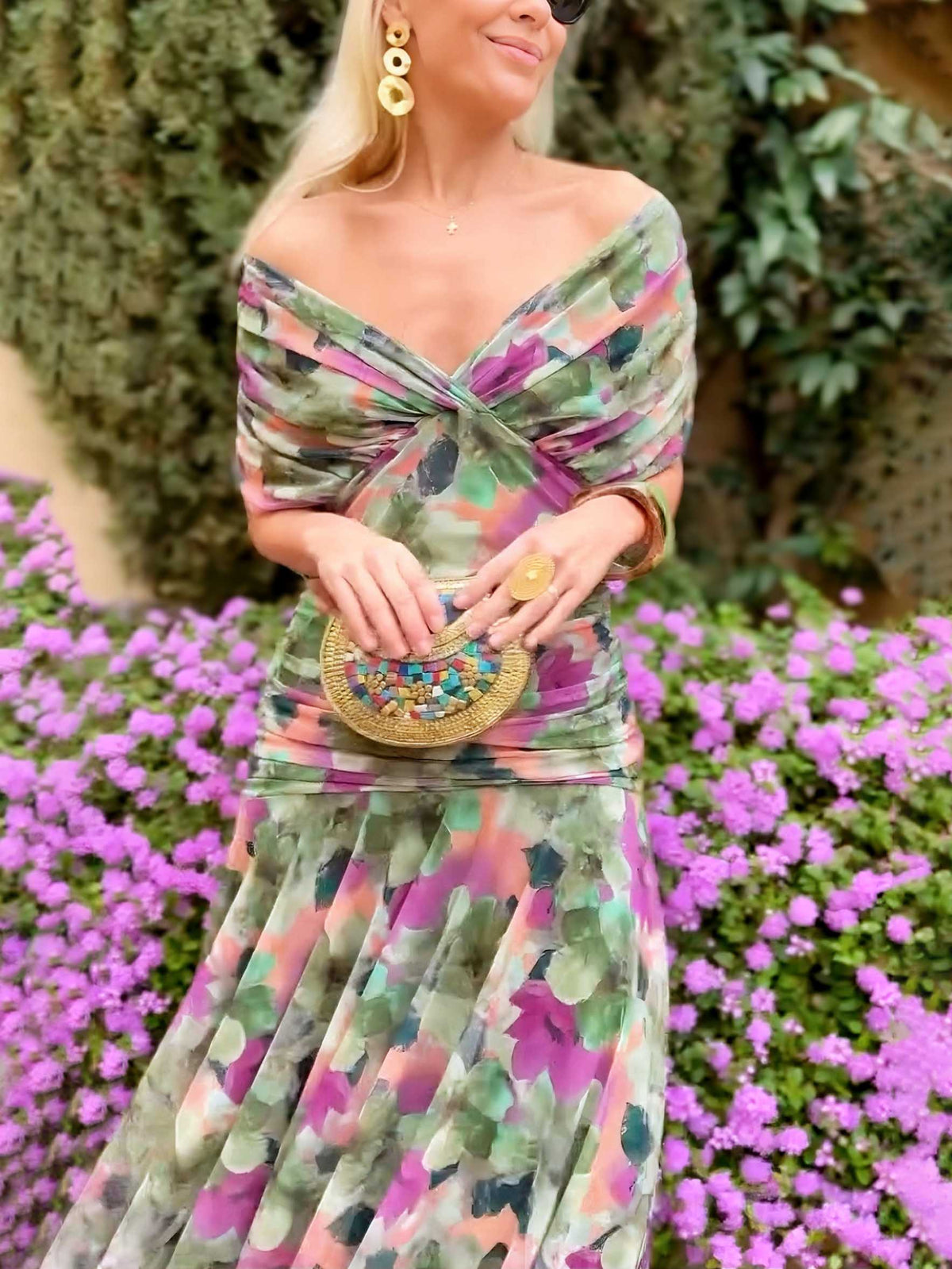 Elegant V-neck Fantasy Painted Floral Print Party Maxi Dress