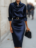 Elegant Plain Shirt Collar Knee Length Dress With Belt