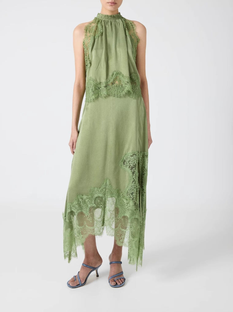 Lace Pleated Collar Top + Irregular Slit Skirt Set