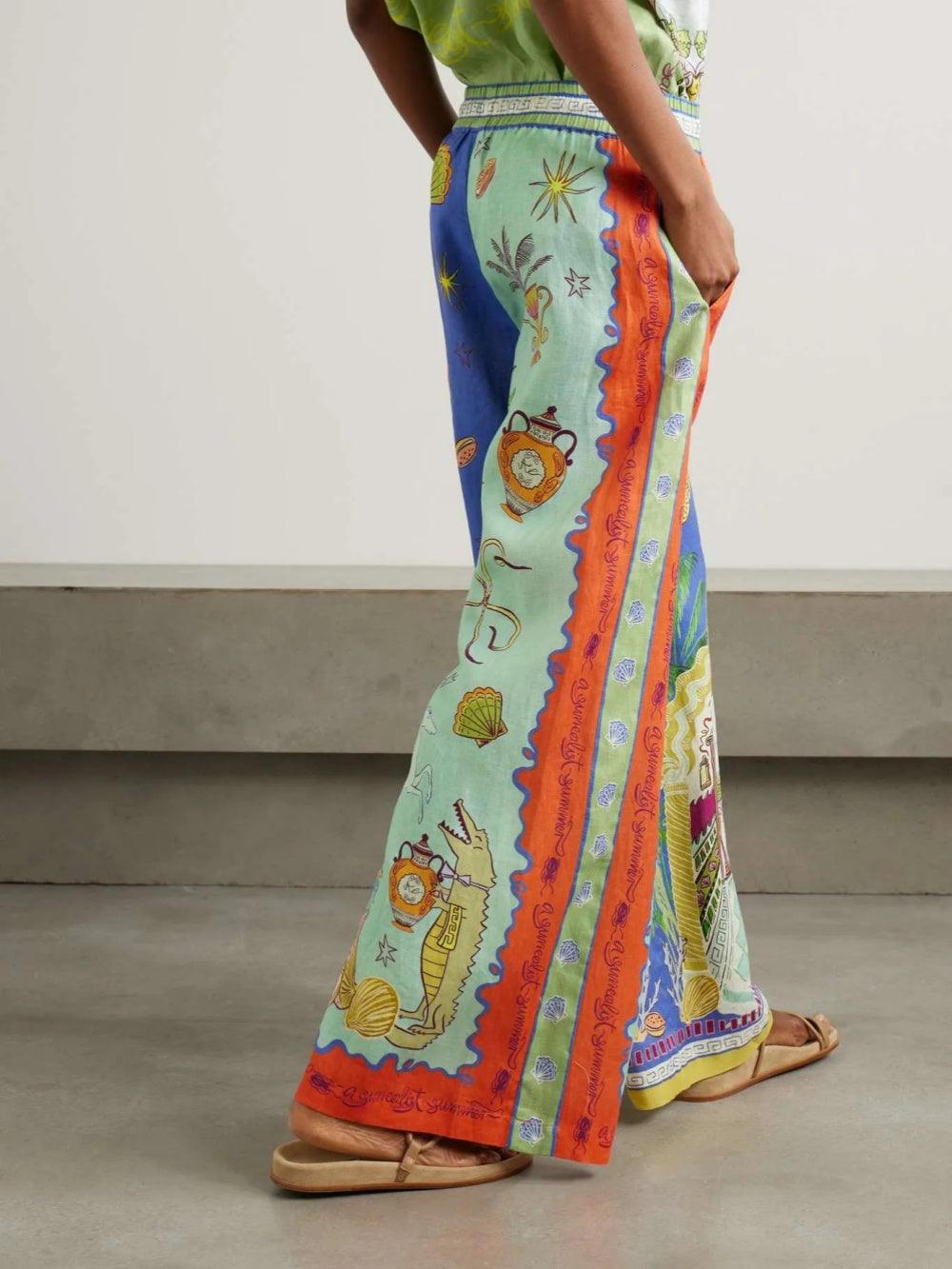 Summer Fantasy Print Short Sleeve Loose Top and Pants Set