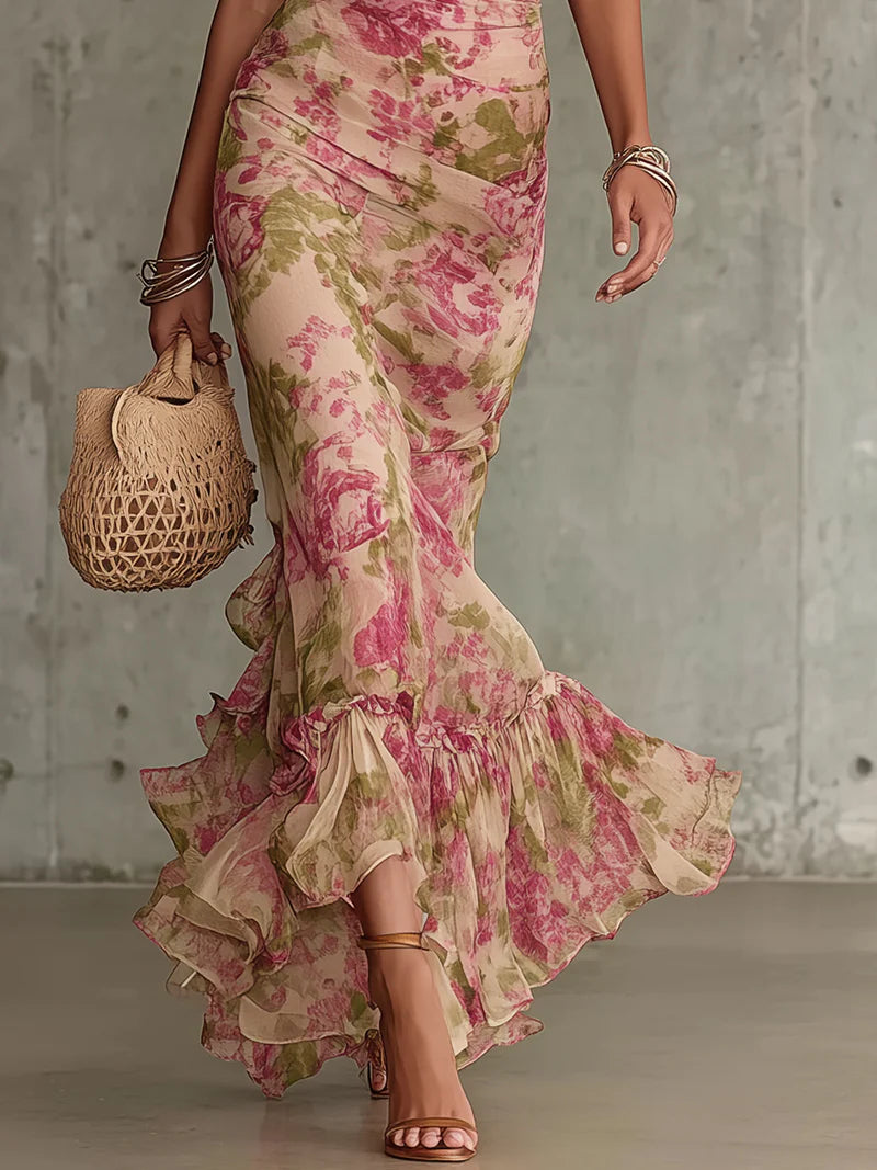 Vintage Rose Print Maxi Dress With Puff Sleeves（Accessories not included）
