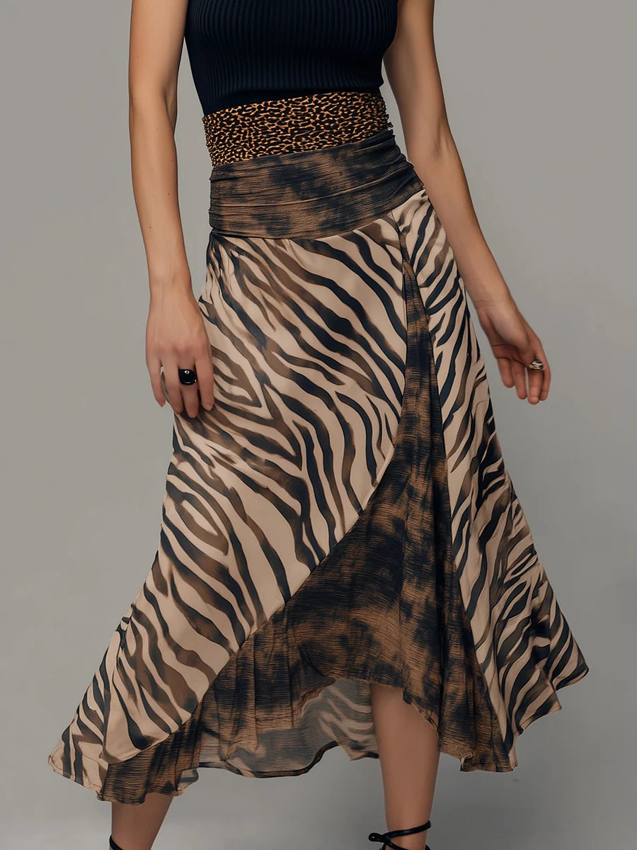 Vintage Zebra Print Patchwork Sleeveless Midi Dress