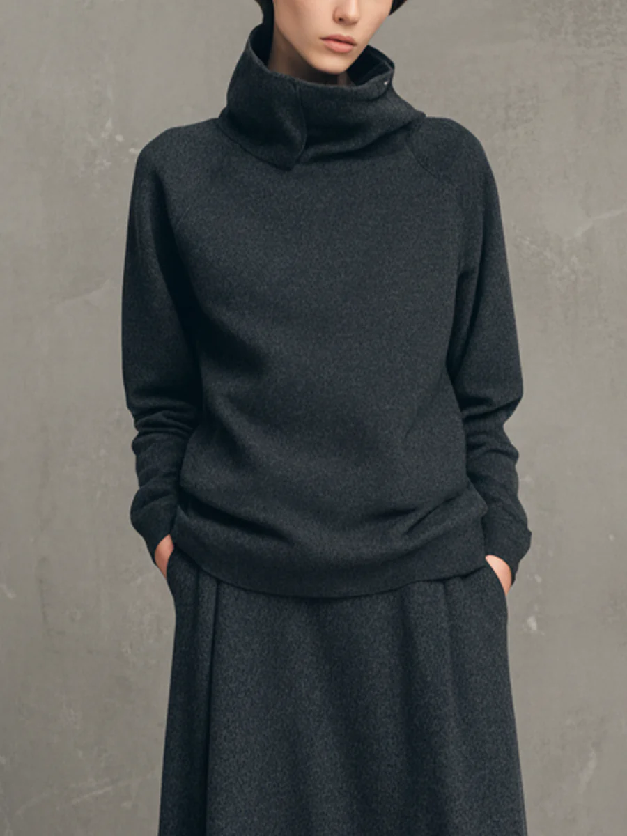 Charcoal Gray Air-layer High-neck Top And Flared Long Skirt Set