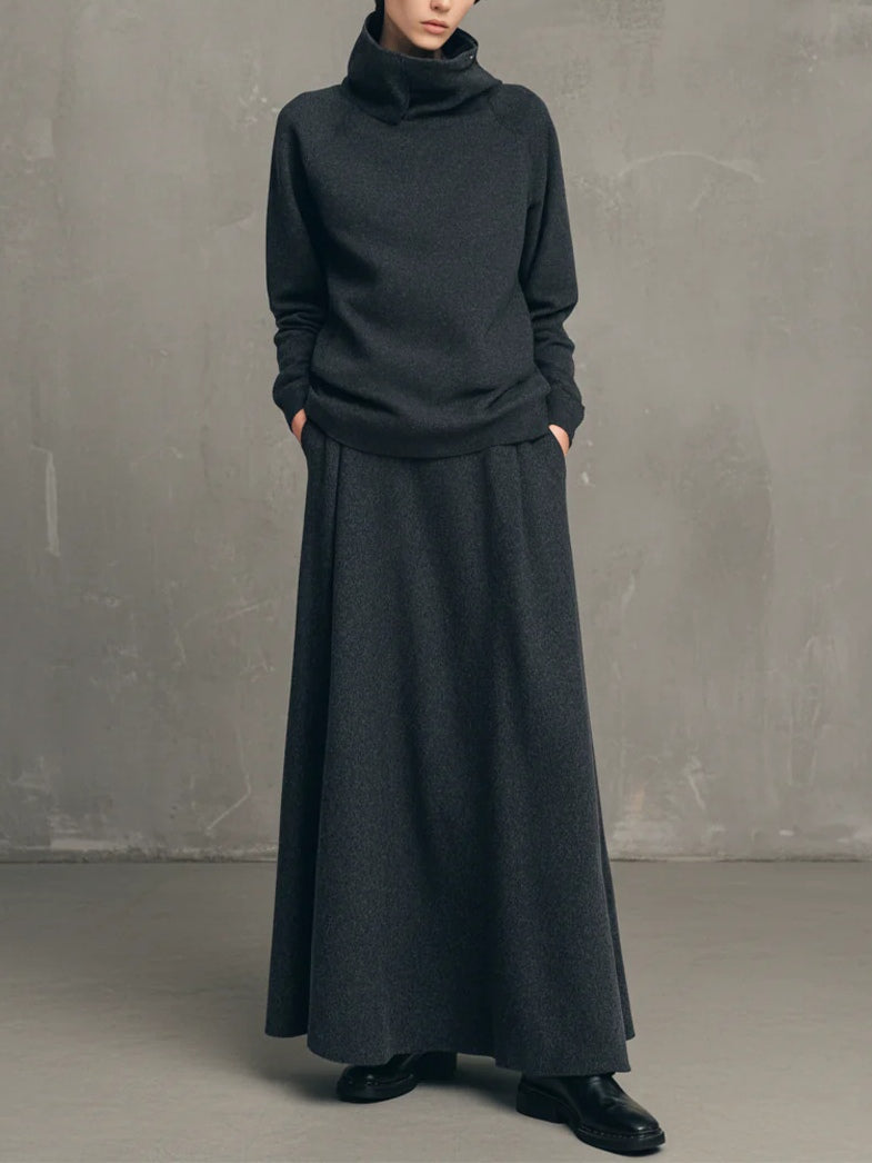 Charcoal Gray Air-layer High-neck Top And Flared Long Skirt Set